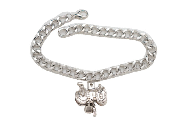 Brand New Women Silver Metal Chain Boot Bracelet Western Shoe Anklet Horse Saddle Charm