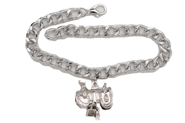 Brand New Women Silver Metal Chain Boot Bracelet Western Shoe Anklet Horse Saddle Charm