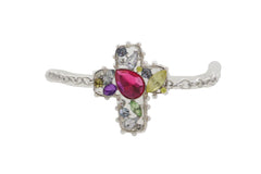 Colorful Jeweled Gem Cluster Cross Pendant Silver Boot Chain