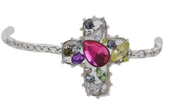Colorful Jeweled Gem Cluster Cross Pendant Silver Boot Chain