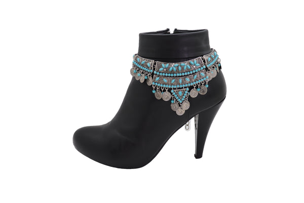 Brand New Women Silver Metal Chain Ethnic Moroccan Boot Bracelet Shoe Charm Turquoise Bead