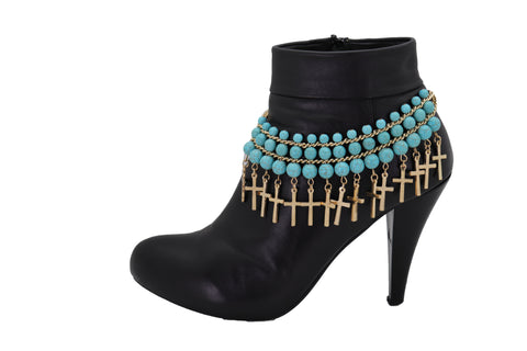 Brand New Women Gold Metal Boot Chain Bracelet Anklet Shoe Cross Charm Turquoise
