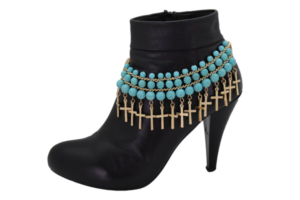 Brand New Women Gold Metal Boot Chain Bracelet Anklet Shoe Cross Charm Turquoise