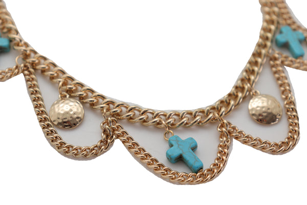 Brand New Women Gold Metal Boot Chain Bracelet Shoe Turquoise Cross Charm