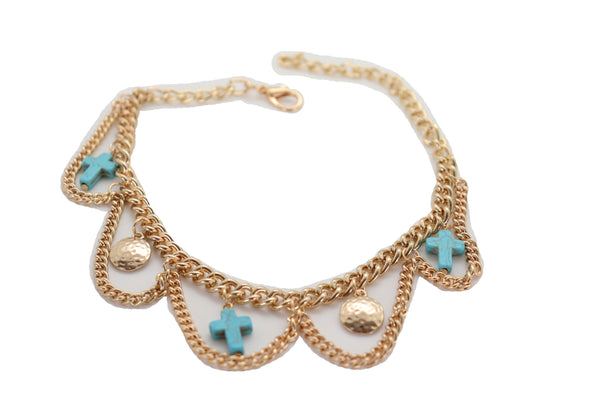 Brand New Women Gold Metal Boot Chain Bracelet Shoe Turquoise Cross Charm