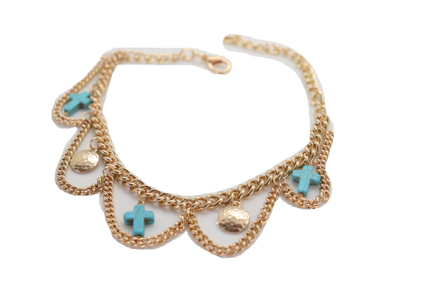 Brand New Women Gold Metal Boot Chain Bracelet Shoe Turquoise Cross Charm