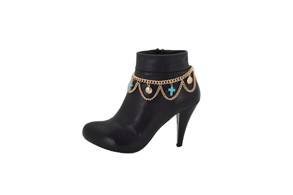 Brand New Women Gold Metal Boot Chain Bracelet Shoe Turquoise Cross Charm