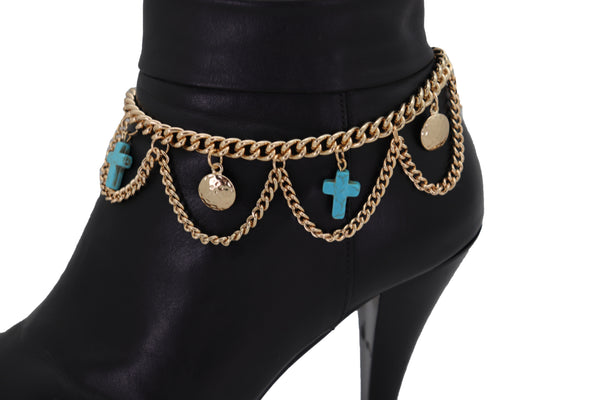 Brand New Women Gold Metal Boot Chain Bracelet Shoe Turquoise Cross Charm