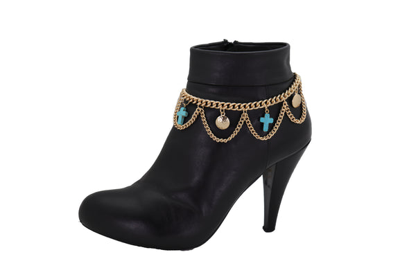 Brand New Women Gold Metal Boot Chain Bracelet Shoe Turquoise Cross Charm