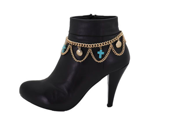 Brand New Women Gold Metal Boot Chain Bracelet Shoe Turquoise Cross Charm