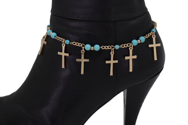 Brand New Women Gold Metal Western Boot Chain Bracelet Shoe Cross Charm Anklet