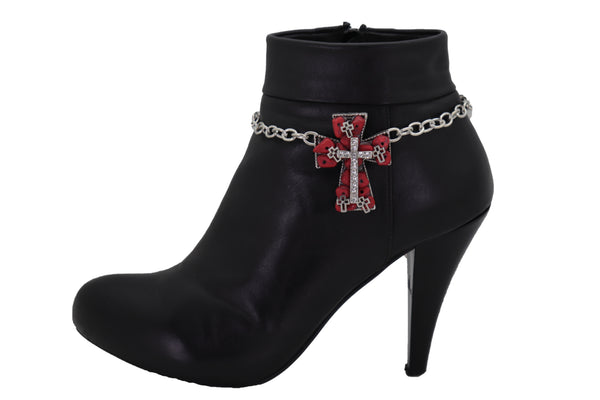 Brand New Women Silver Metal Chain Boot Bracelet Shoe Anklet Red Cross Charm