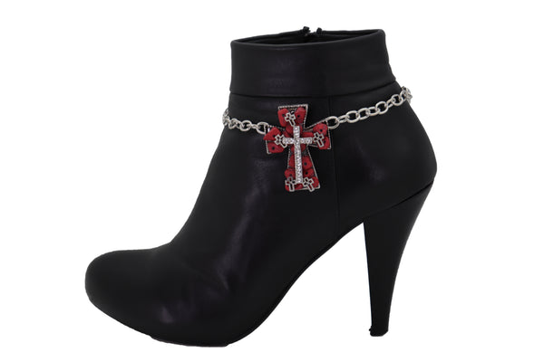 Brand New Women Silver Metal Chain Boot Bracelet Shoe Anklet Red Cross Charm