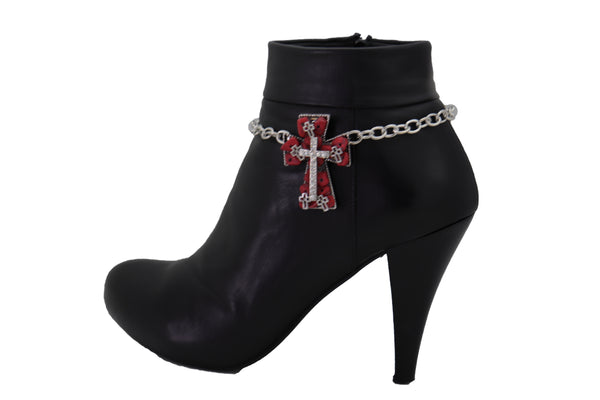 Brand New Women Silver Metal Chain Boot Bracelet Shoe Anklet Red Cross Charm