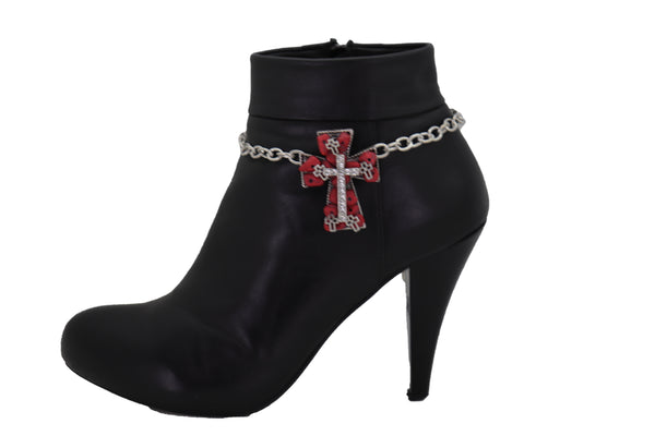 Brand New Women Silver Metal Chain Boot Bracelet Shoe Anklet Red Cross Charm