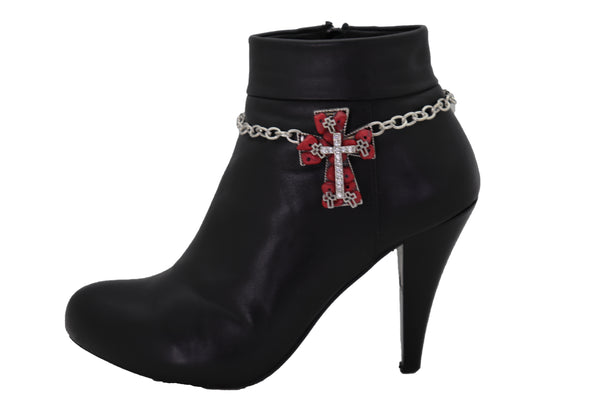 Brand New Women Silver Metal Chain Boot Bracelet Shoe Anklet Red Cross Charm