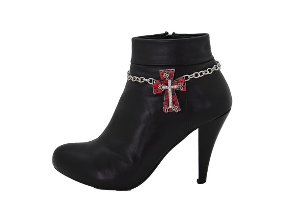 Brand New Women Silver Metal Chain Boot Bracelet Shoe Anklet Red Cross Charm
