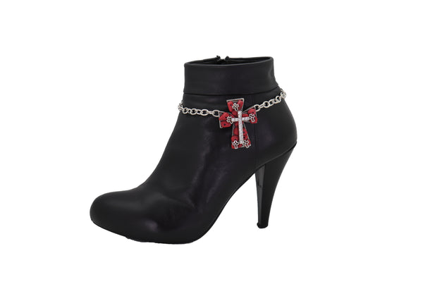 Brand New Women Silver Metal Chain Boot Bracelet Shoe Anklet Red Cross Charm