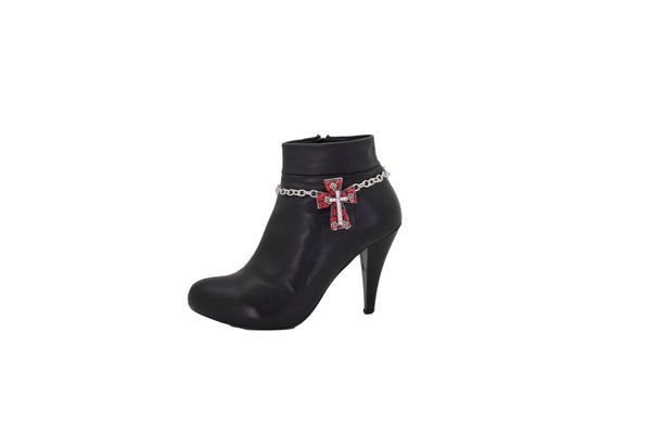 Brand New Women Silver Metal Chain Boot Bracelet Shoe Anklet Red Cross Charm