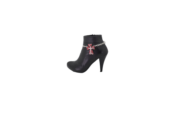 Brand New Women Silver Metal Chain Boot Bracelet Shoe Anklet Red Cross Charm