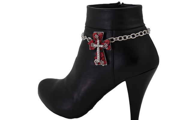 Brand New Women Silver Metal Chain Boot Bracelet Shoe Anklet Red Cross Charm