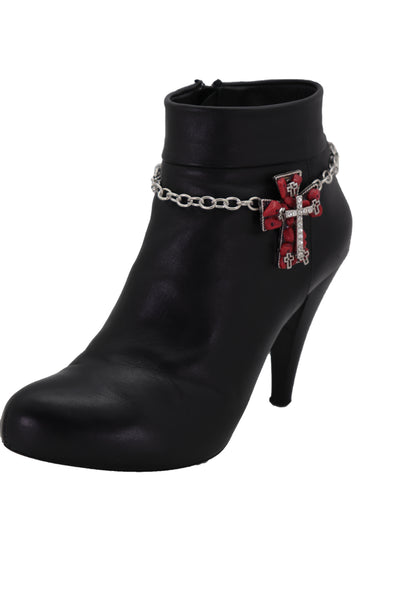 Brand New Women Silver Metal Chain Boot Bracelet Shoe Anklet Red Cross Charm