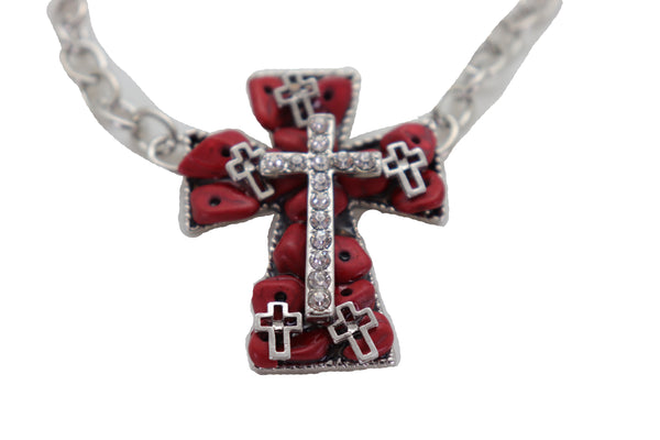 Brand New Women Silver Metal Chain Boot Bracelet Shoe Anklet Red Cross Charm