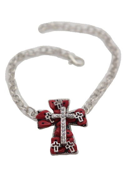 Brand New Women Silver Metal Chain Boot Bracelet Shoe Anklet Red Cross Charm
