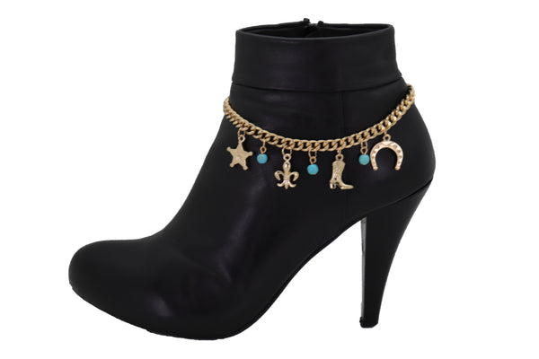 Brand New Women Gold Metal Chain Boot Bracelet Sherriff Fleur De Lis Horseshoe Shoe Charms Adjustable