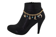 Gold Metal Chain Boot Bracelet Sherriff Fleur De Lis Horseshoe Shoe Charms Adjustable