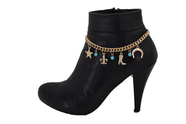 Brand New Women Gold Metal Chain Boot Bracelet Sherriff Fleur De Lis Horseshoe Shoe Charms Adjustable