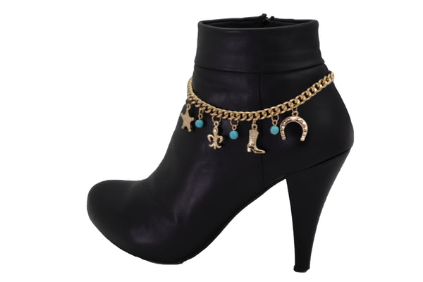 Brand New Women Gold Metal Chain Boot Bracelet Sherriff Fleur De Lis Horseshoe Shoe Charms Adjustable