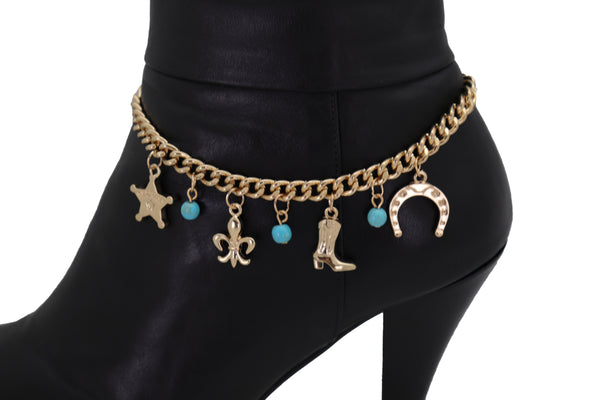 Brand New Women Gold Metal Chain Boot Bracelet Sherriff Fleur De Lis Horseshoe Shoe Charms Adjustable
