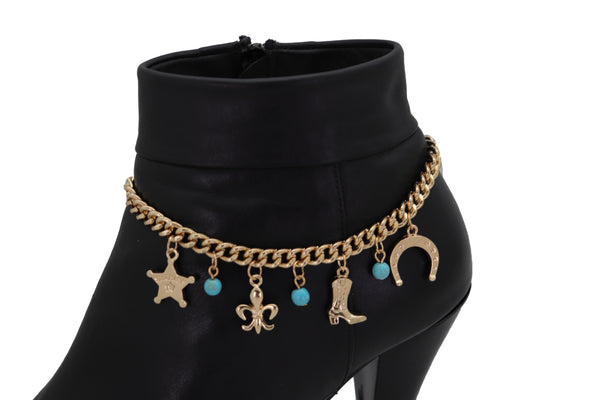 Brand New Women Gold Metal Chain Boot Bracelet Sherriff Fleur De Lis Horseshoe Shoe Charms Adjustable