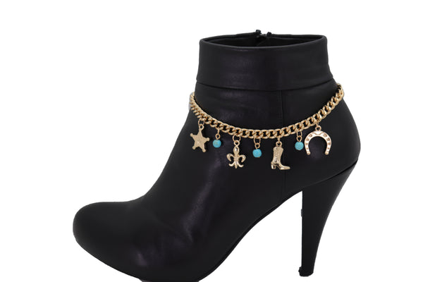 Brand New Women Gold Metal Chain Boot Bracelet Sherriff Fleur De Lis Horseshoe Shoe Charms Adjustable
