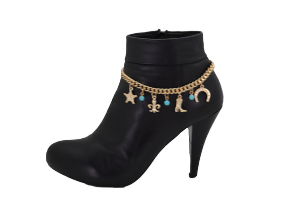 Brand New Women Gold Metal Chain Boot Bracelet Sherriff Fleur De Lis Horseshoe Shoe Charms Adjustable