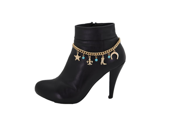 Brand New Women Gold Metal Chain Boot Bracelet Sherriff Fleur De Lis Horseshoe Shoe Charms Adjustable