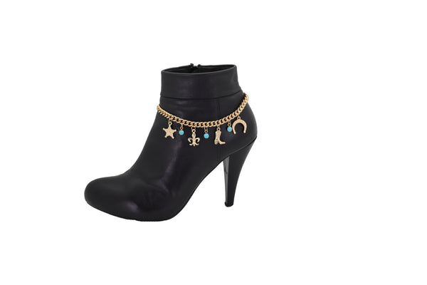 Brand New Women Gold Metal Chain Boot Bracelet Sherriff Fleur De Lis Horseshoe Shoe Charms Adjustable