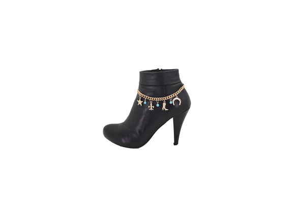 Brand New Women Gold Metal Chain Boot Bracelet Sherriff Fleur De Lis Horseshoe Shoe Charms Adjustable