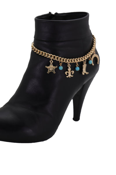 Brand New Women Gold Metal Chain Boot Bracelet Sherriff Fleur De Lis Horseshoe Shoe Charms Adjustable
