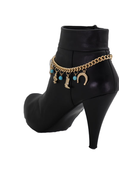 Brand New Women Gold Metal Chain Boot Bracelet Sherriff Fleur De Lis Horseshoe Shoe Charms Adjustable