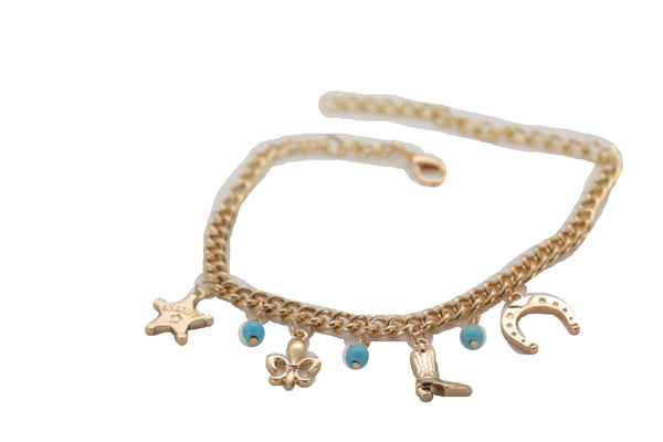 Brand New Women Gold Metal Chain Boot Bracelet Sherriff Fleur De Lis Horseshoe Shoe Charms Adjustable