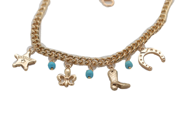 Brand New Women Gold Metal Chain Boot Bracelet Sherriff Fleur De Lis Horseshoe Shoe Charms Adjustable
