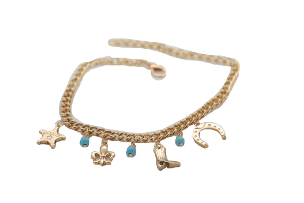 Brand New Women Gold Metal Chain Boot Bracelet Sherriff Fleur De Lis Horseshoe Shoe Charms Adjustable