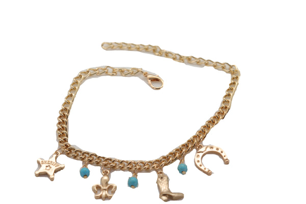 Brand New Women Gold Metal Chain Boot Bracelet Sherriff Fleur De Lis Horseshoe Shoe Charms Adjustable