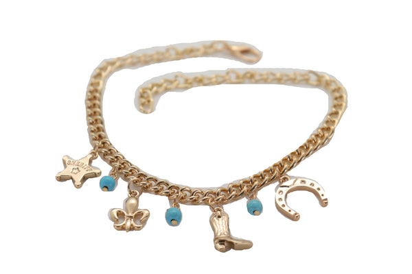 Brand New Women Gold Metal Chain Boot Bracelet Sherriff Fleur De Lis Horseshoe Shoe Charms Adjustable