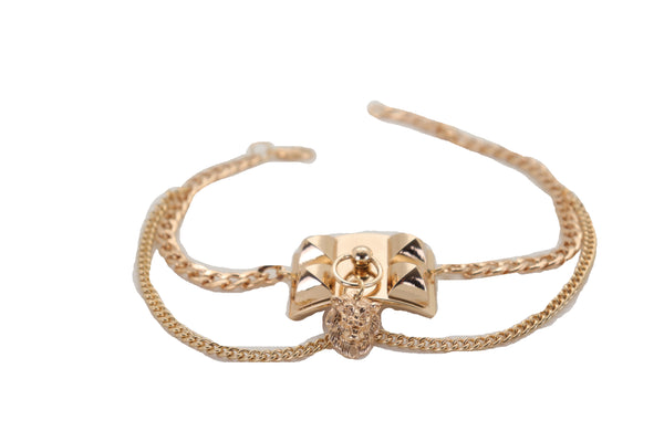 Brand New Women Gold Metal Chain Boot Bracelet Shoe Spikes Lion Charm Side Waves Jewelry