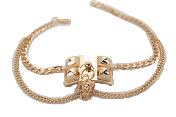 Brand New Women Gold Metal Chain Boot Bracelet Shoe Spikes Lion Charm Side Waves Jewelry