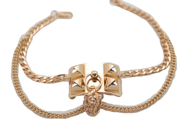Brand New Women Gold Metal Chain Boot Bracelet Shoe Spikes Lion Charm Side Waves Jewelry