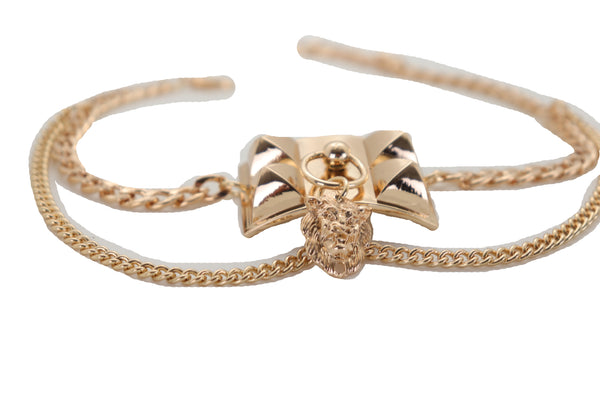 Brand New Women Gold Metal Chain Boot Bracelet Shoe Spikes Lion Charm Side Waves Jewelry